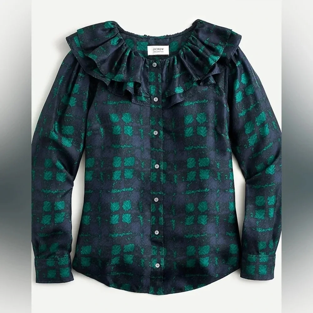 New J. Crew Collection Silk Twill Ruffle-collar Blouse Top Plaid Green Blue NWT